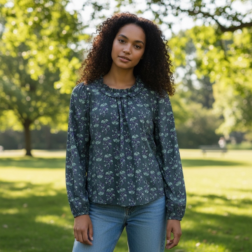 J. Crew Long-Sleeve Ruffleneck Poplin Blouse Teal & Purple Floral Print W Small